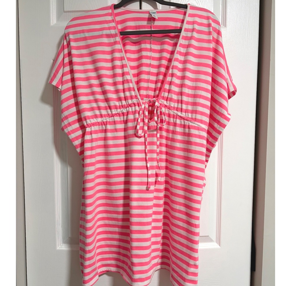 Old Navy Pink White Striped Swim Cover Up V-Neck Drawstring Kaftan Dress Medium